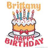 Cartoon birthday cake with a red bow, glowing candles, and 'Brittany Happy Birthday' text in bold animated style.