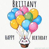 An adorable and cute cupcake with a smiley face and moving colorful balloons create a joyful birthday greeting for Brittany in this cheerful animated greeting E-card.