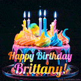 A mesmerizing animated cake with multicolor frosting and candles, and the words 'Happy Birthday Brittany' on the black background.