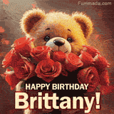 Cinematic style cute animated teddy bear with charming features holding a large bouquet of red roses, the words say 'Happy Birthday Brittany' in sans serif font.