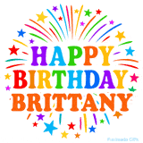 Happy Birthday Brittany' GIF with rainbow-colored letters, colorful stars, and fireworks on white background.