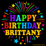 Personalized greeting card with name, colorful text that says 'Happy Birthday Brittany' surrounded by animated fireworks and multicolor stars