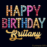 Vibrant luxury birthday greeting card for Brittany, showing glittering gemstone letters and golden calligraphy on a dark background with twinkling shine effects.