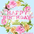 A charming animated GIF featuring 'Happy Birthday Brittany' in pink and green text, surrounded by delicate roses, leaves, and fluttering butterflies on a soft light blue pastel background.