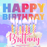 A vibrant animated name GIF with the words 'Happy Birthday Brittany' with colorful candles on a creamy cake. The background sparkles with pastel shades, adding a festive touch.