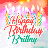 Bright birthday candles with rainbow flames on a cake, alongside the text 'Happy Birthday Brittny' in vibrant script in this celebratory animated GIF.