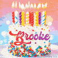 Personalized for Brooke elegant birthday cake adorned with rainbow sprinkles, colorful candles and glitter