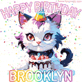 Cute cosmic cat with a birthday cake for Brooklyn surrounded by a shimmering array of rainbow stars