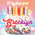 Personalized for Brooklyn elegant birthday cake adorned with rainbow sprinkles, colorful candles and glitter