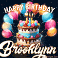 Hand-drawn happy birthday cake adorned with an arch of colorful balloons - name GIF for Brooklynn