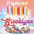 Personalized for Brooklynn elegant birthday cake adorned with rainbow sprinkles, colorful candles and glitter