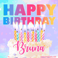 Animated Happy Birthday Cake with Name Bruna and Burning Candles