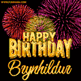 Wishing You A Happy Birthday, Brynhildur! Best fireworks GIF animated greeting card.