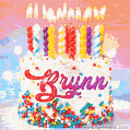 Personalized for Brynn elegant birthday cake adorned with rainbow sprinkles, colorful candles and glitter