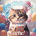 Happy birthday gif for Cache with cat and cake