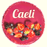 Beautifully decorated red velvet berry birthday cake with vibrant fruits and a glowing 'Caeli' name, adding a touch of sweetness and sparkle.
