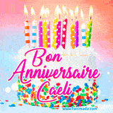 A white birthday cake covered in colorful sprinkles, topped with bright candles, and French text 'Bon Anniversaire Caeli' on a pastel gradient background in an animated GIF.