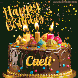 A delightful chocolate birthday cake with bright candles and 'Happy Birthday Caeli' written in gold amidst a shower of animated stars.
