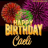 A golden 'Happy Birthday Caeli' message with vibrant fireworks in the background, creating a festive and celebratory vibe in this animated name GIF.