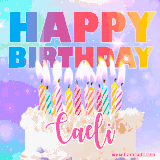 A vibrant animated name GIF with the words 'Happy Birthday Caeli' with colorful candles on a creamy cake. The background sparkles with pastel shades, adding a festive touch.