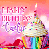 A vibrant birthday GIF featuring a rainbow-colored cupcake topped with white frosting, sprinkles, and a lit candle. The text reads 'Happy Birthday Caelie' in bold pink and violet letters with white outline.
