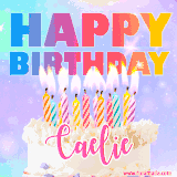 A vibrant animated name GIF with the words 'Happy Birthday Caelie' with colorful candles on a creamy cake. The background sparkles with pastel shades, adding a festive touch.