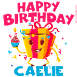 A vibrant and funny gift box character with a happy face dancing with a cupcake and the text 'Happy Birthday Caelie,' surrounded by animated confetti and party vibes.