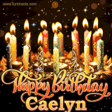 A glowing personalized birthday GIF with name Caelyn featuring lit candles with intricate designs, warm lighting, and the text 'Happy Birthday' in an elegant font.