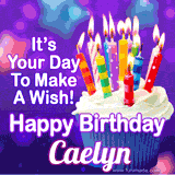 A colorful birthday GIF for Caelyn featuring a cupcake with vibrant lit candles and the text 'It's Your Day to Make a Wish! Happy Birthday Caelyn' in bold letters on a festive purple background.