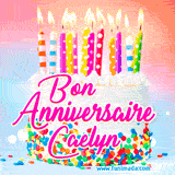 A white birthday cake covered in colorful sprinkles, topped with bright candles, and French text 'Bon Anniversaire Caelyn' on a pastel gradient background in an animated GIF.
