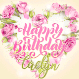 A stunning heart made of pink roses surrounds the elegant script text 'Happy Birthday Caelyn' on a soft beige background. Animated sparkles add a magical and festive feel.