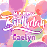 A vibrant name GIF featuring colorful balloons in shades of pink, orange, and yellow with the bold text 'Happy Birthday Caelyn' in festive fonts, creating a lively birthday vibe.