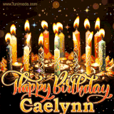 A glowing personalized birthday GIF with name Caelynn featuring lit candles with intricate designs, warm lighting, and the text 'Happy Birthday' in an elegant font.