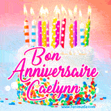 A white birthday cake covered in colorful sprinkles, topped with bright candles, and French text 'Bon Anniversaire Caelynn' on a pastel gradient background in an animated GIF.