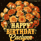 Animated bouquet of orange roses with moving butterfles and golden 'Happy Birthday Caelynn' text, surrounded by sparkling accents and a dark backdrop for a luxurious feel.
