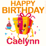 A vibrant and funny gift box character with a happy face dancing with a cupcake and the text 'Happy Birthday Caelynn,' surrounded by animated confetti and party vibes.