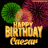 A captivating GIF with bursts of green, pink, and orange fireworks lighting up the night sky, accompanied by 'Happy Birthday Caesar' in glowing golden text.