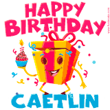 A vibrant and funny gift box character with a happy face dancing with a cupcake and the text 'Happy Birthday Caetlin,' surrounded by animated confetti and party vibes.