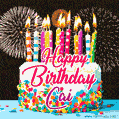 Amazing Animated GIF Image for Cai with Birthday Cake and Fireworks