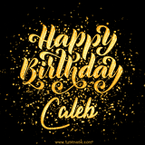 Animated GIF with colorful, festive 'Happy Birthday Caleb' text decorated with patterns, a party hat, and falling confetti. A vibrant and cheerful design for birthday celebrations.