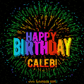 A colorful animated GIF featuring the text 'Happy Birthday Caleb!' in rainbow colors with a dynamic iridescent firework display in the background.