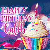 A festive animated GIF featuring a colorful cupcake with a single lit candle, sprinkles, and 'Happy Birthday Caleb' text against a sparkling, celebratory background.