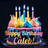 A vibrant animated GIF featuring a colorful rotating birthday cake with bright frosting swirls, glowing candles, and the text 'Happy Birthday Caleb!' in rainbow colors.