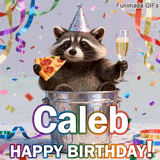 Animated birthday card personalized for Caleb. The lovable trash panda toasts with pizza and a drink, celebrating amidst colorful confetti and streamers.