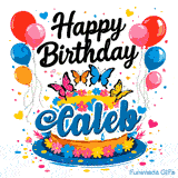 An animated card for Caleb featuring four colorful butterflies on top of a cake decorated with little flowers.
