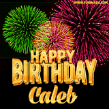 A captivating GIF with bursts of green, pink, and orange fireworks lighting up the night sky, accompanied by 'Happy Birthday Caleb' in glowing golden text.