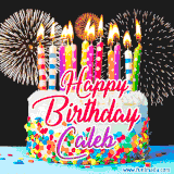 A lively happy birthday animated GIF showcasing a colorful birthday cake covered in sprinkles, topped with glowing candles, and surrounded by vibrant fireworks. The name 'Caleb' is featured in elegant script.