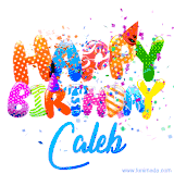 Animated GIF with colorful, festive 'Happy Birthday Caleb' text decorated with patterns, a party hat, and falling confetti. A vibrant and cheerful design for birthday celebrations.