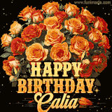Animated bouquet of orange roses with moving butterfles and golden 'Happy Birthday Calia' text, surrounded by sparkling accents and a dark backdrop for a luxurious feel.