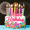 Amazing Animated GIF Image for Calin with Birthday Cake and Fireworks